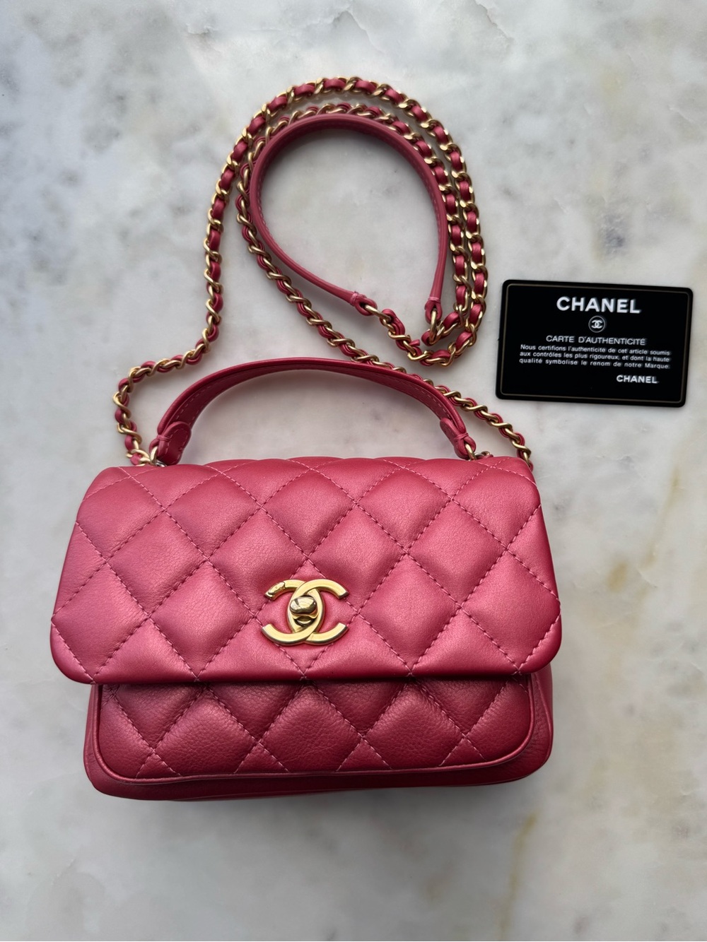 Chanel Metallic Quilted Top Handle Mini Flap Dark Pink Gold Hardware
